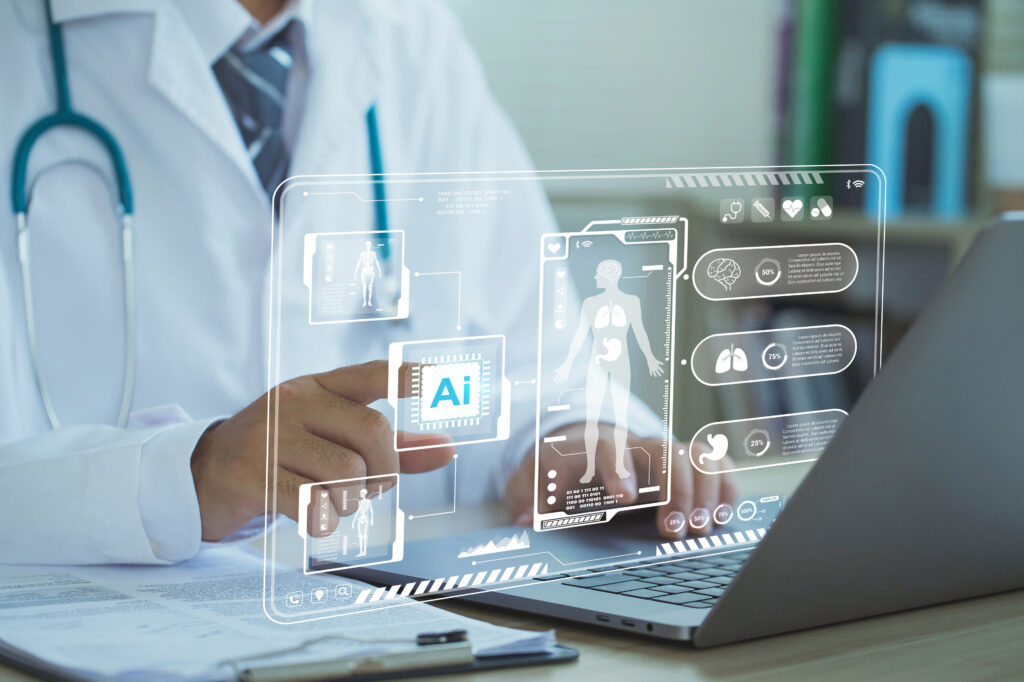 Healthcare provider interacting with an AI-powered clinical intelligence dashboard displaying patient anatomy and health metrics, representing Guidehealth's clinical intelligence platform.